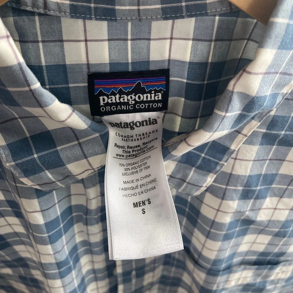 Patagonia Mens Blue Creme Organic Cotton Check Short Sleeve Button Up Shirt US S - Picture 4 of 6